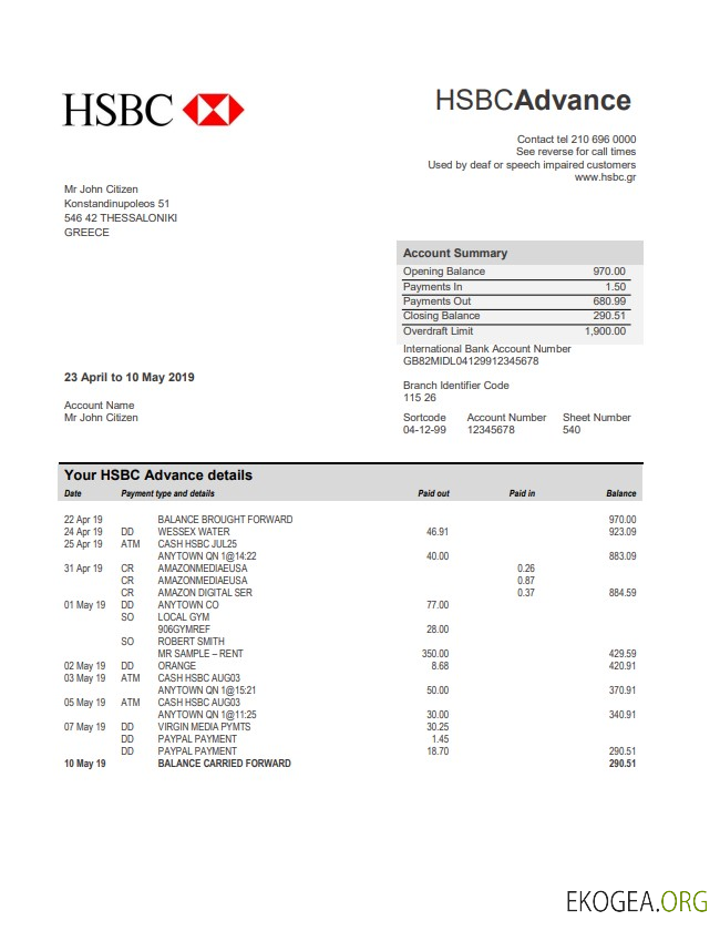 Relevé bancaire HSBC en Grèce